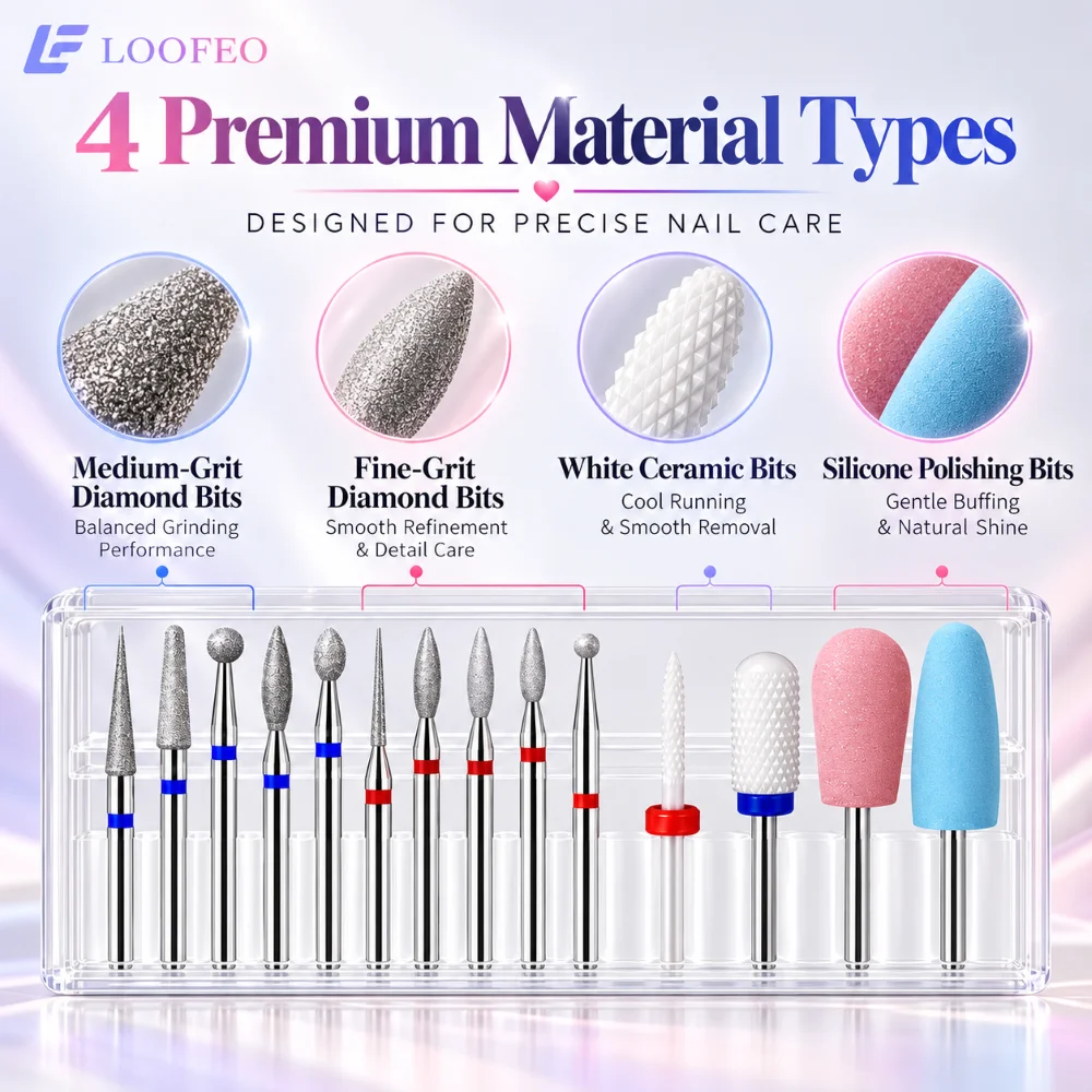 14Pcs Nail Drill Bit Set 2.35mm Diamond Ceramic Silicone For Cuticle Care Gel Removal Buffing Polishing Manicure With Clear Case