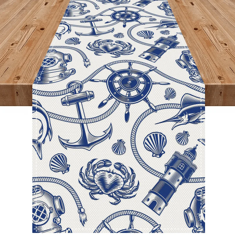 1 Piece Nautical Style Table Runner with Blue and White Nautical Map Pattern, Suitable for Farmhouse, Indoor, Kitchen, Celebrations, Table Decoration, Restaurant, and Banquet Decoration Supplies
