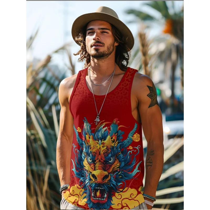 Vintage Chinese Loong Pattern Tank Tops For Men Colorful Gradient 3D Print Tees Summer Loose Sports Round Neck Vest Street Tops
