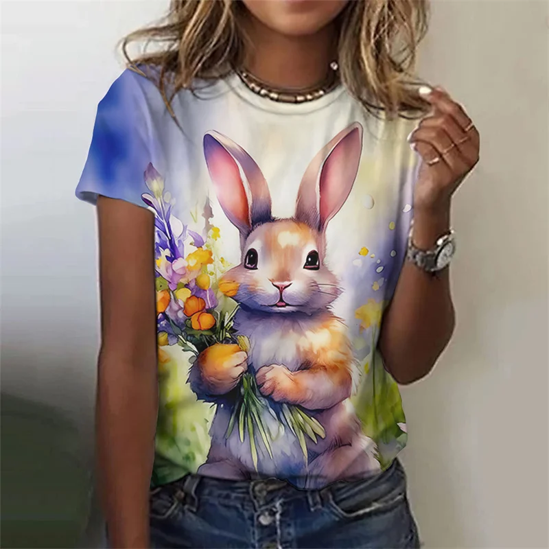 Cute Rabbit Pattern T-Shirt For Women Funny Animal 3D Printed T Shirts Summer Casual Round Neck Tops Short Sleeves Loose Tees
