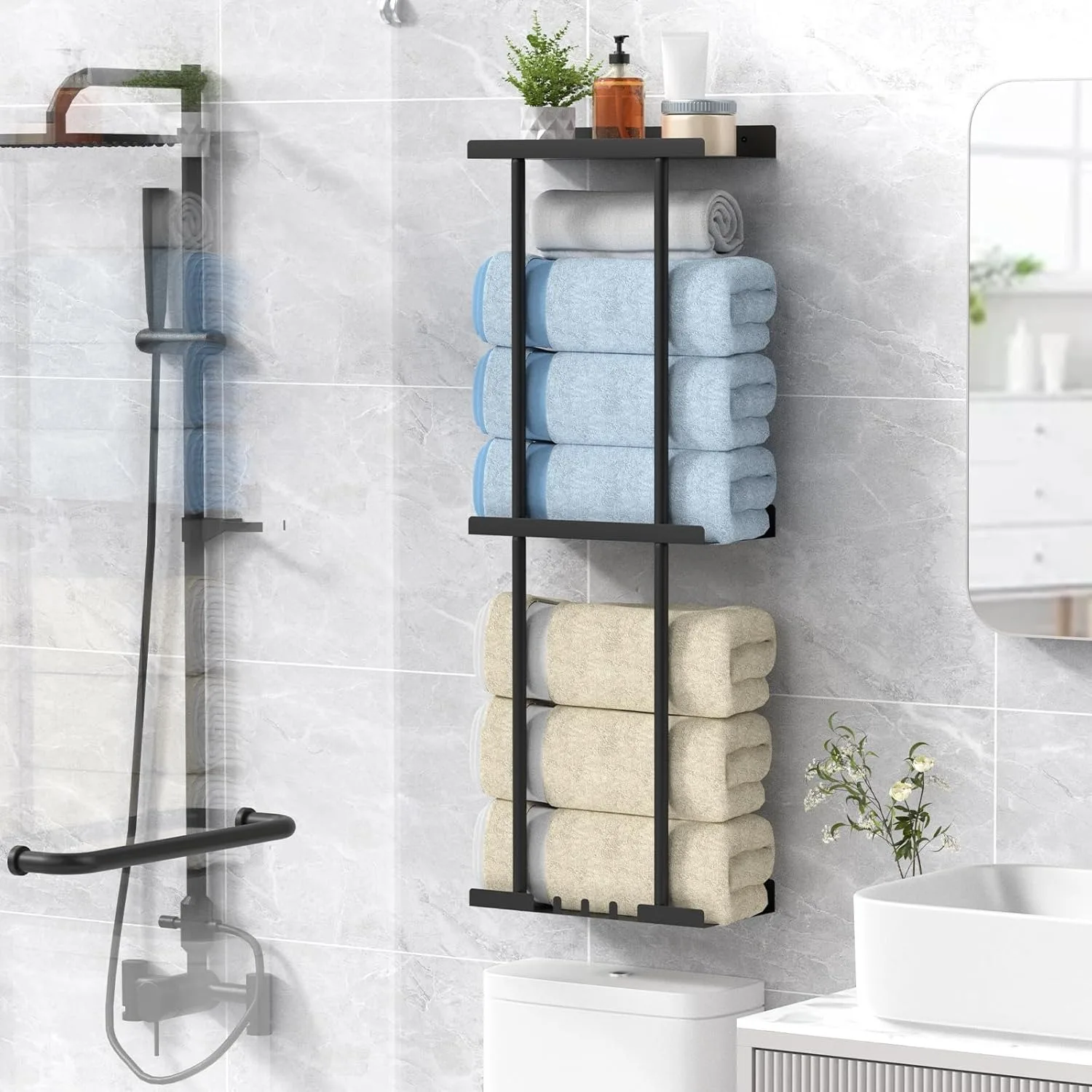 Towel Racks for Bathroom Wall Decor, Multi-Layer Space Bathroom Shelves,Black Minimalist Design Storage Organizer Easy to Instal