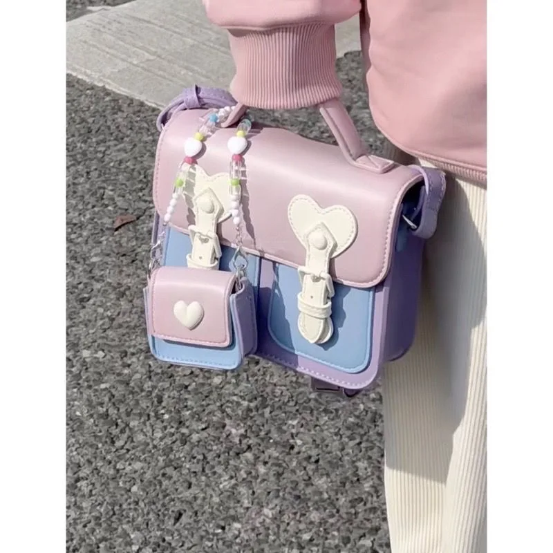 2025 New Color Contrast Women Crossbody Bag Fashion Female Handbag Brown Purple Shoulder Bag with Small Earphone Bag on Side