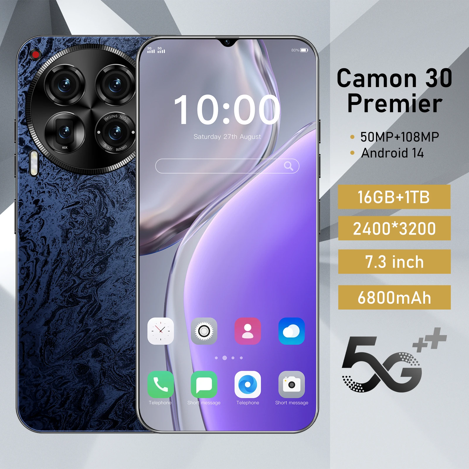 Global Original Phone Camon 30 7.3inch Smartphone android 5G Qualcomm 888 108MP Camera celulares with Clear Case Cell Phones