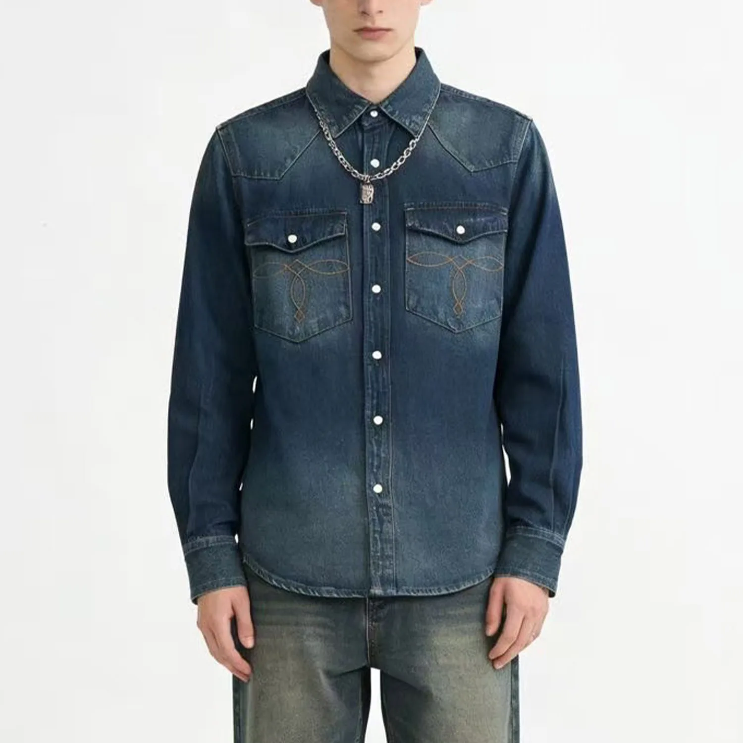 2026 New Men's Amekaji American Retro Heavyweight Raw Denim Shirt Pocket Embroidery Washed Long Sleeve Vintage Work Denim Shirts