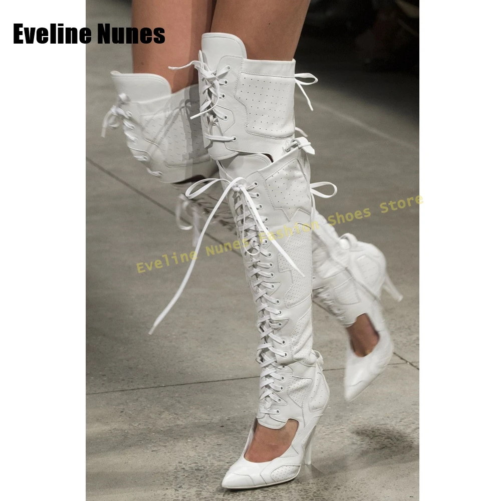 White Lace-Up Fashion Catwalk Boots 2025 Autumn Newest Pointed Toe Stiletto Cross Tied Cut Out Women Over The Knee Boots Trend