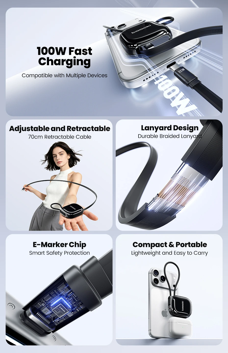 Toocki Einziehbares 100W USB-C-Kabel für iPhone Samsung Magnetisches Einziehbares Lanyard für Reisen Mini Type-C Schnell-Ladekabel Datenkabel – Detail 2