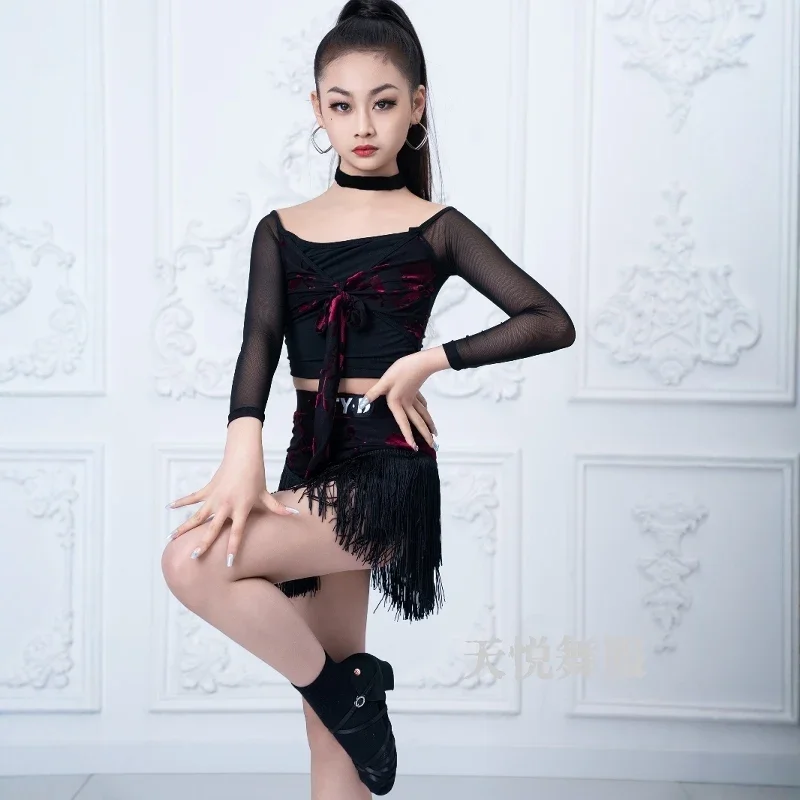 

New Girls Latin Dance Costume Dancing Performance Dress Cha Cha Practice Tassels Skirt Split Set Kids Line Dance Costume