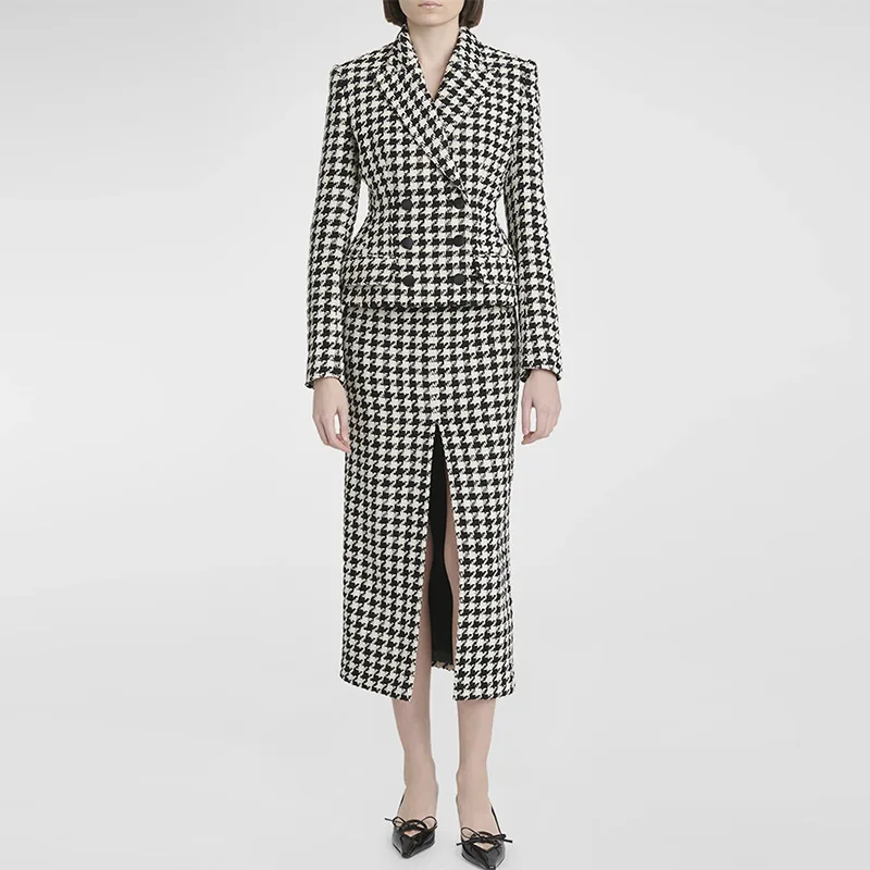 Premium Thousand Bird Grid Suit Set 2025 New Women's Coat Split Long Skirt Two Piece Set