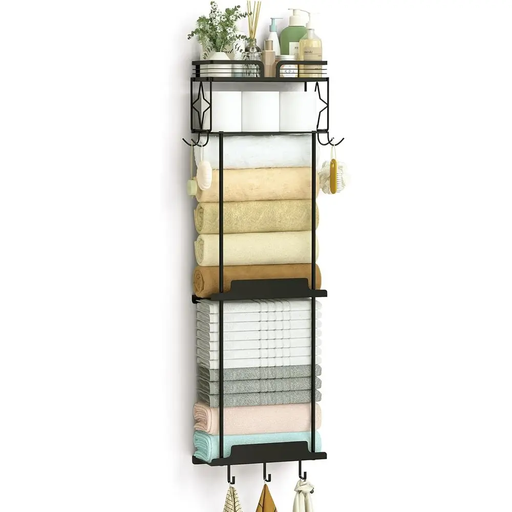 

39.9 Inch Wall Mounted Towel Rack with Shel, Holds 6 Large Rolled Towels, Metal Wall Towel Rack, Black