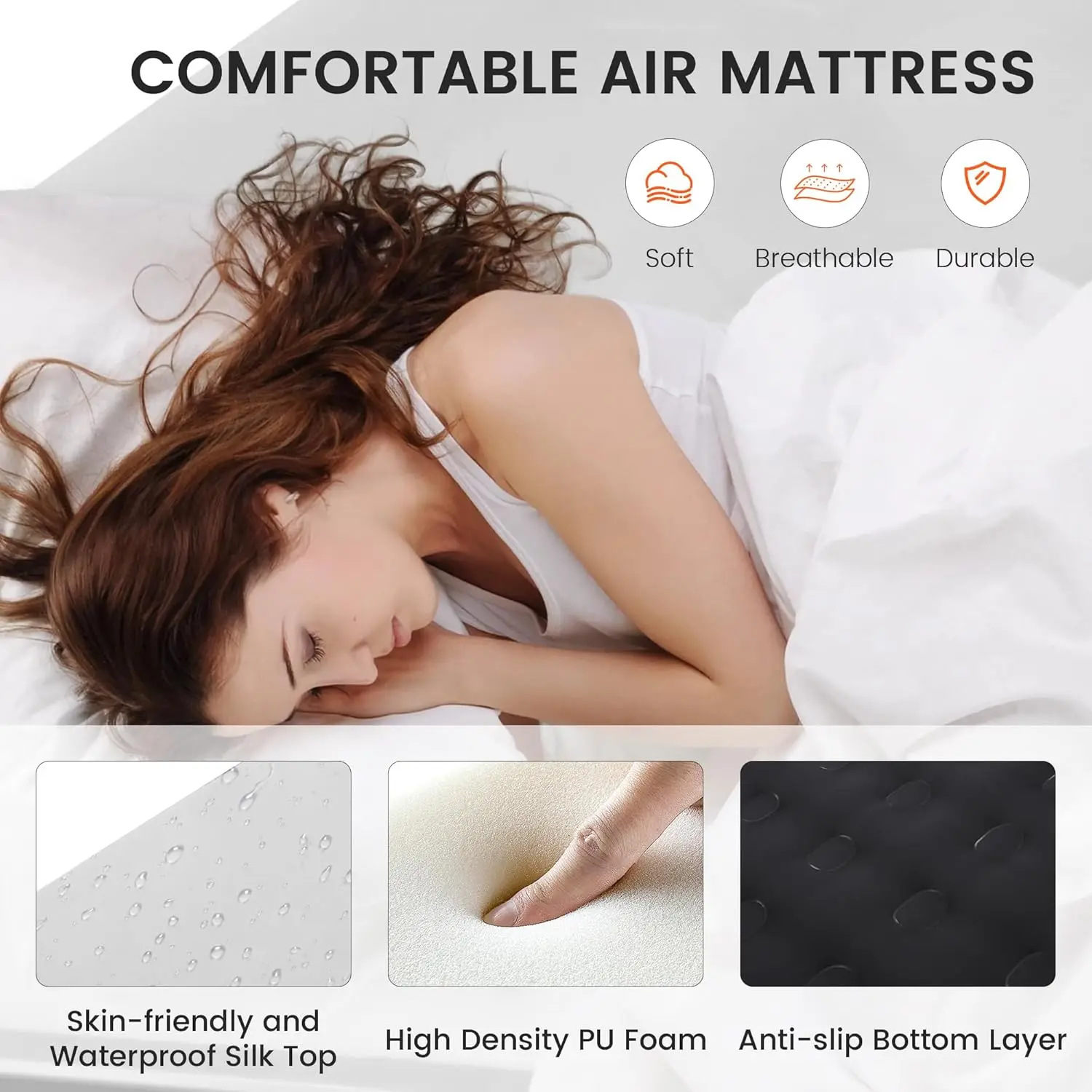 King Inflatable Air Mattress With Built In Pump, 1 1/4"" Thick Foam Topper, With Milk Fiber Top Layer, Coil Beam Support, For