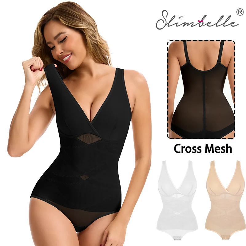 

Slimbelle Sexy Bodysuit for Women Breathable Full Body Shaper Sexy Tummy Control Butt Lifter Cross Mesh Underwear Soft Fajas
