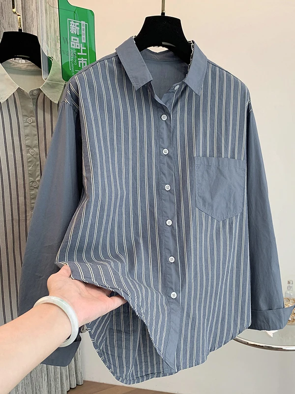 

Spring 2026 Casual Striped irt Large Size Women's Color Blo Simple Cardigan Top Commute Artistic Loose Fit Long Sve