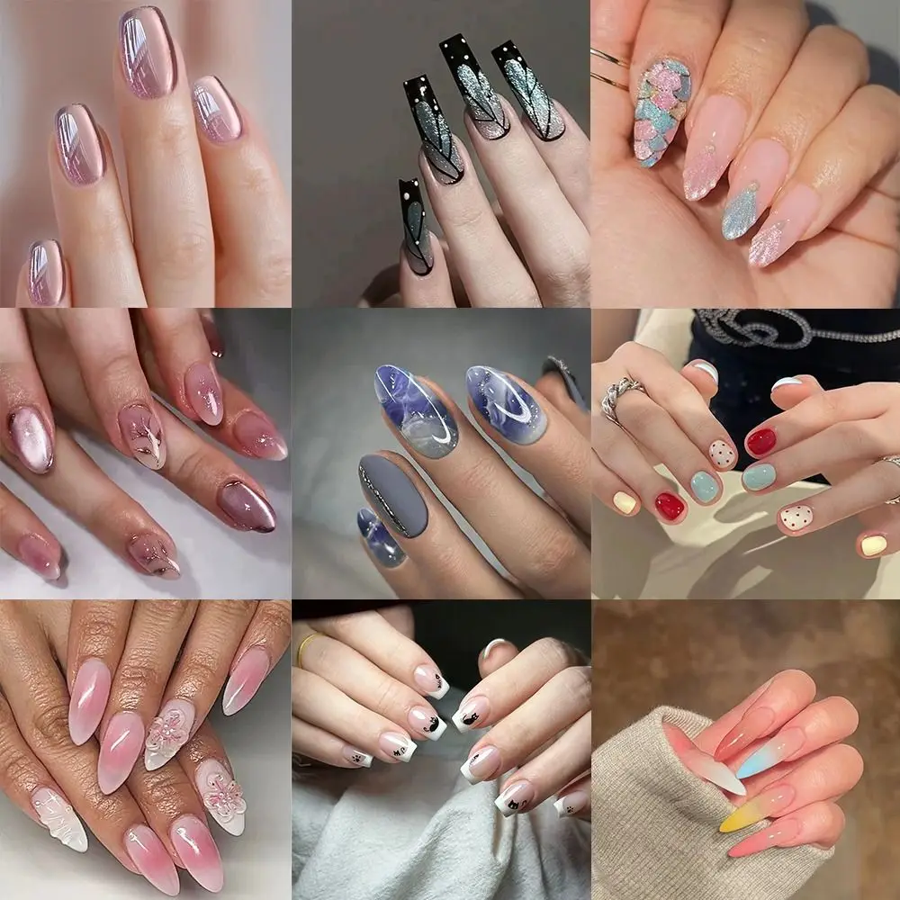 24pcs Manicure Long Almond False Nails Stiletto Black Butterfly Rose Press on Nails Detachable Halo Rainbow Cat Fake Nials Women