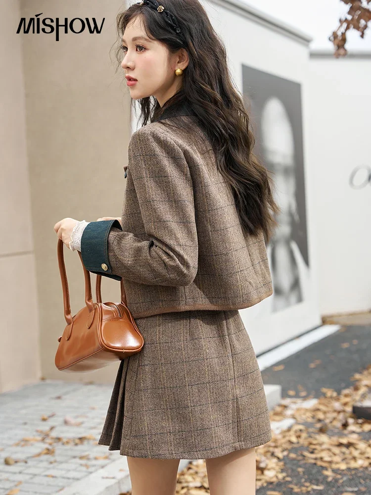 MISHOW Fashion Retro Plaid Suit for Women Autumn Wool Jacket Pleated Skirt Two-piece Sets Separately Office Lady MXC47W0154