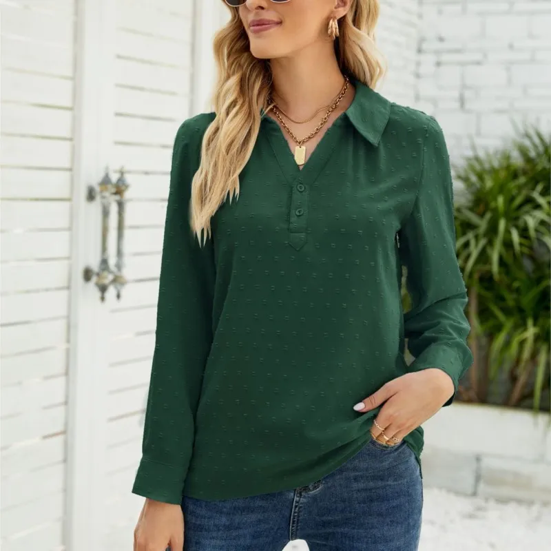 

Casual Solid Color Women's Blouse With Flip Tie Button Long Sleeved Jacquard Wool Ball Versatile Loose Top Spring New Item 2025