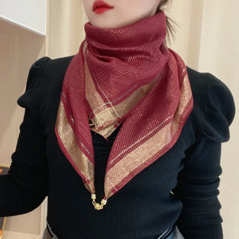 New gold silk magnetic buckle square scarf neck protection scarf 85 * 85 women's imitation silk wool fashion versatile scarf