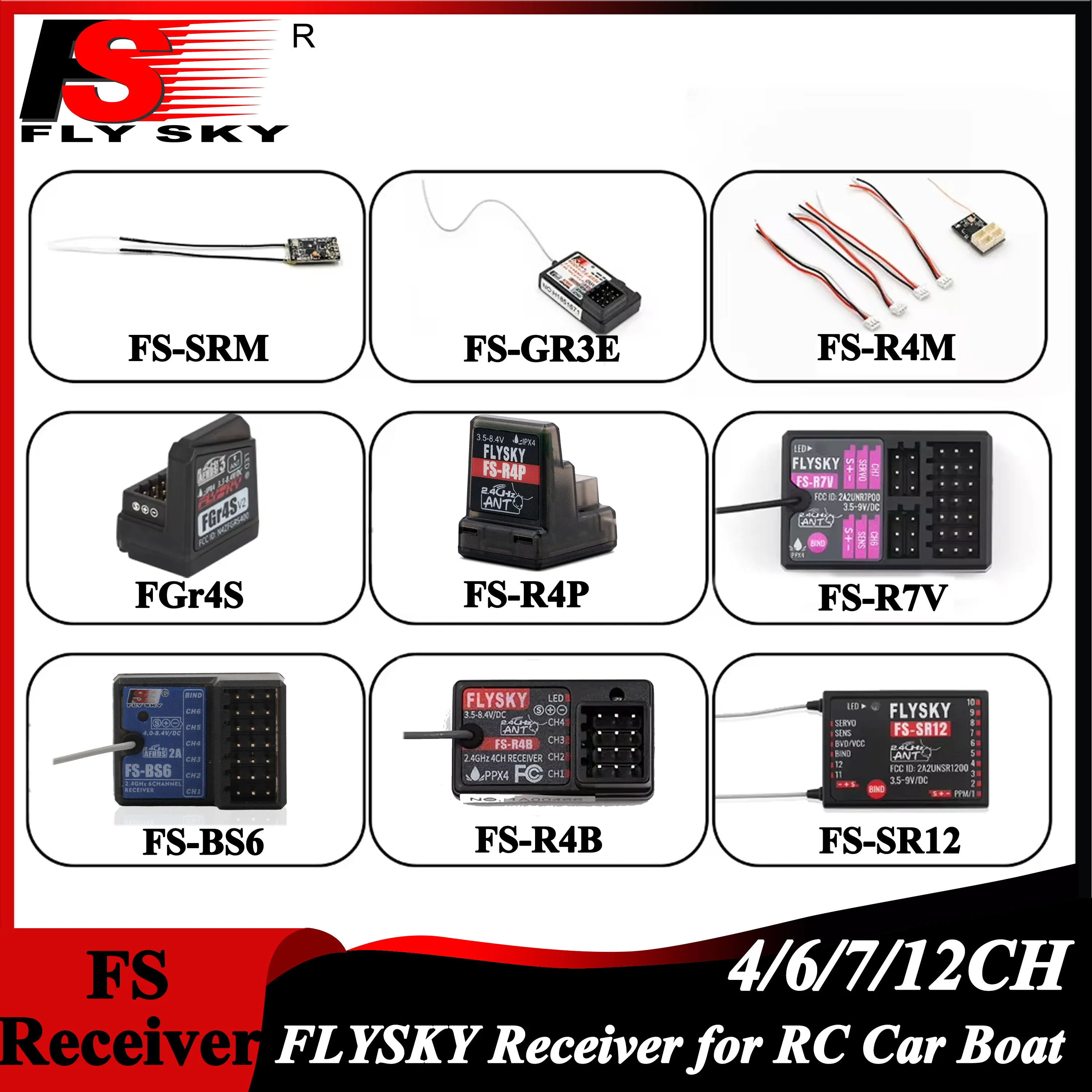 FLYSKY 4CH 6CH 12Channel FS-SR12 FS-R4P FS-R7V FS-BS6 2.4G Receiver for RC Plane Car Boat Robot FS-G7P FS-G4P Transmitter Toy