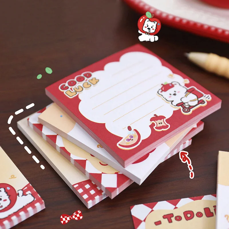 Cute Apple Square Sticky Notes Portable Tearable Memo Pads Office Daily Writing Note Paper, 4 Pads Set 200 Sheets Total