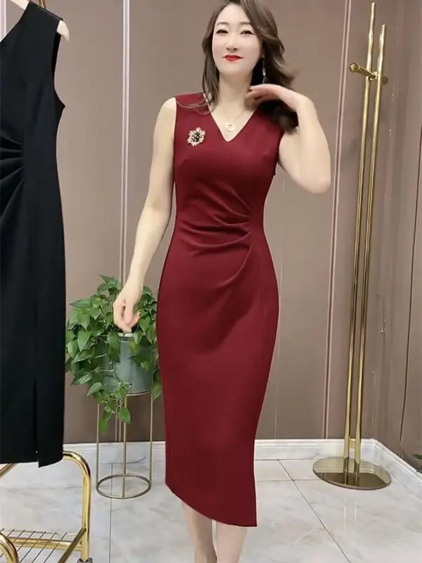 Internet Celebrity ใหม่แฟชั่น Slim High-end ยุโรปสไตล์ Slim V คอชุดเดรสแขนกุด