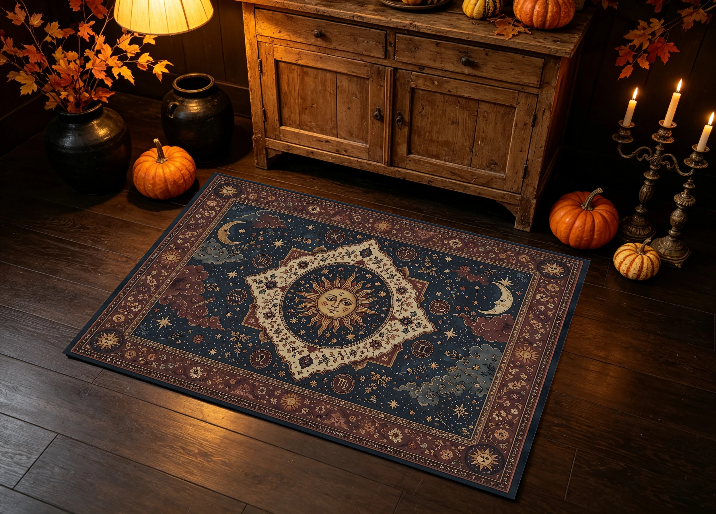 Rug 2D Retro Pattern Carpet with Sun, Moon & Stars Design, Navy Blue/Brown, Retro Astrological Style, Soft & Skin-Friendly