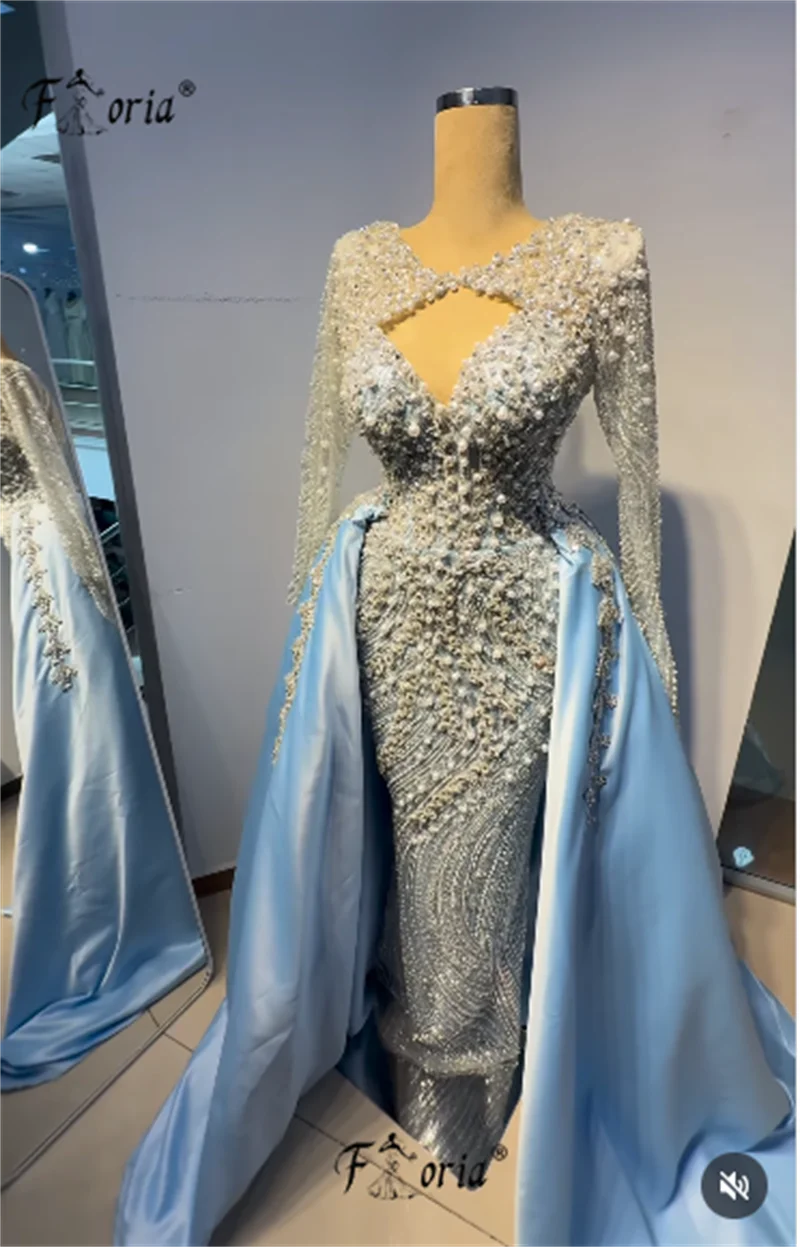 فستان سهرة أنيق بحورية البحر مزين بالخرز الكامل مع تنورة قابلة للفصل باللون الأزرق واللؤلؤ الكريستالي في دبي للحفلات الراقصة رداء السهرة لحفلات الزفاف