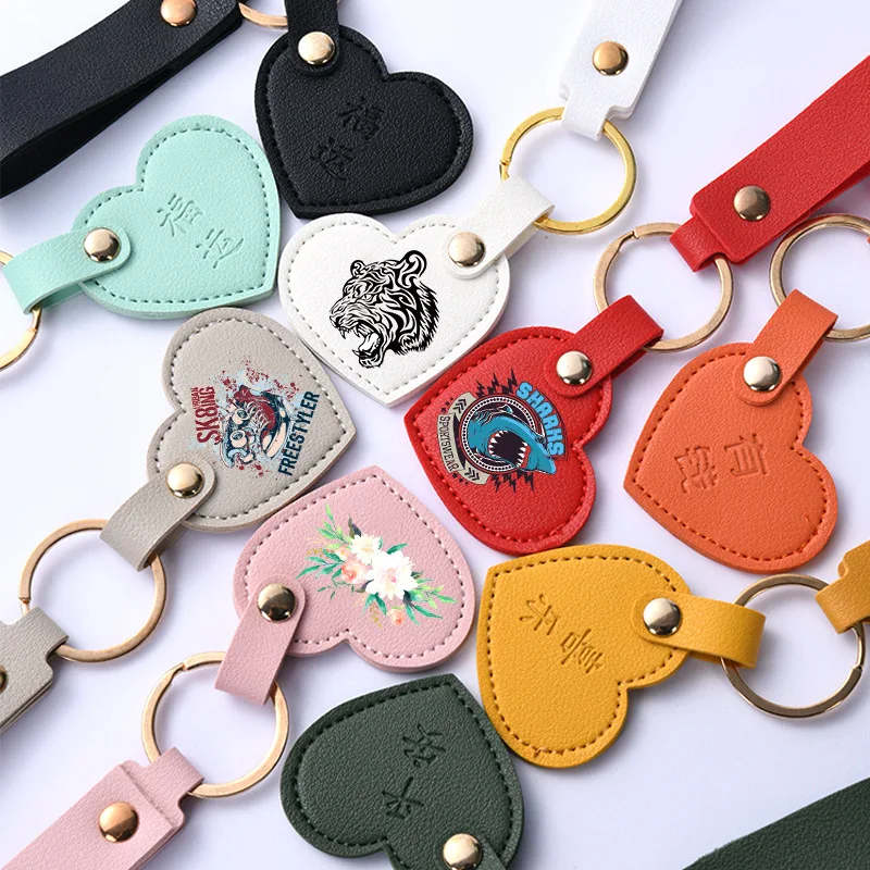 

Customized Logo Heart Leather Keychain Print Colorful Key Chain Laser Engrave Personalize Love Couple Keyring Car Bag Accessory