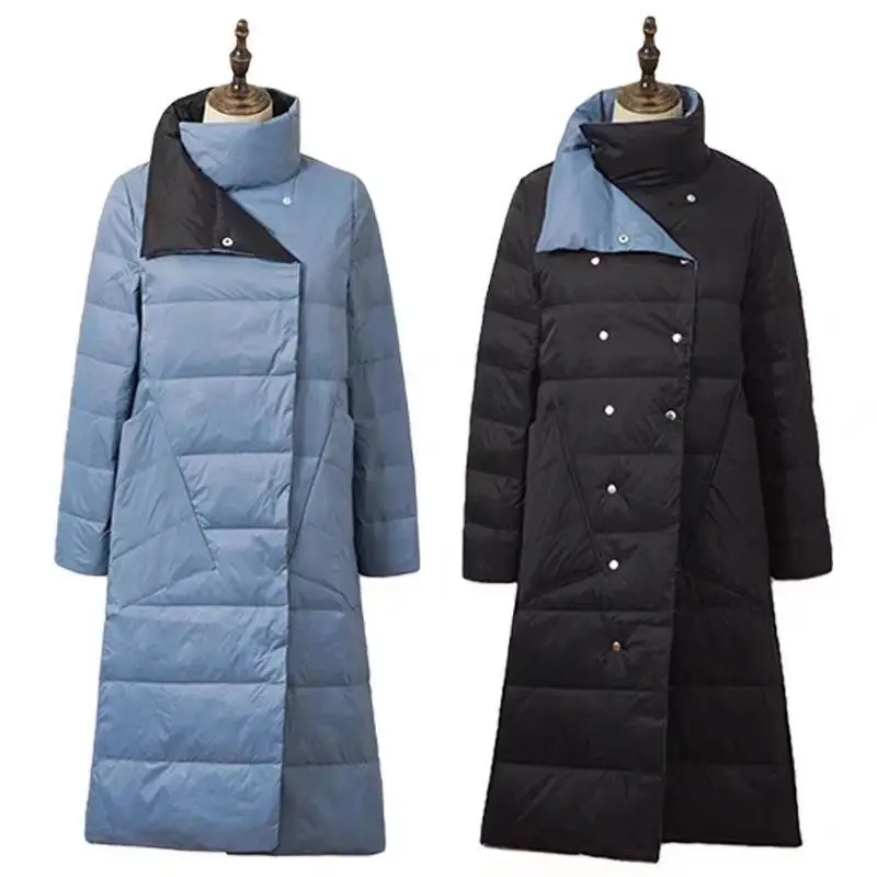 Dupla face pato feminino para baixo casaco longo, casaco branco de gola alta, trespassado duplo, parkas quentes, outwear neve, inverno