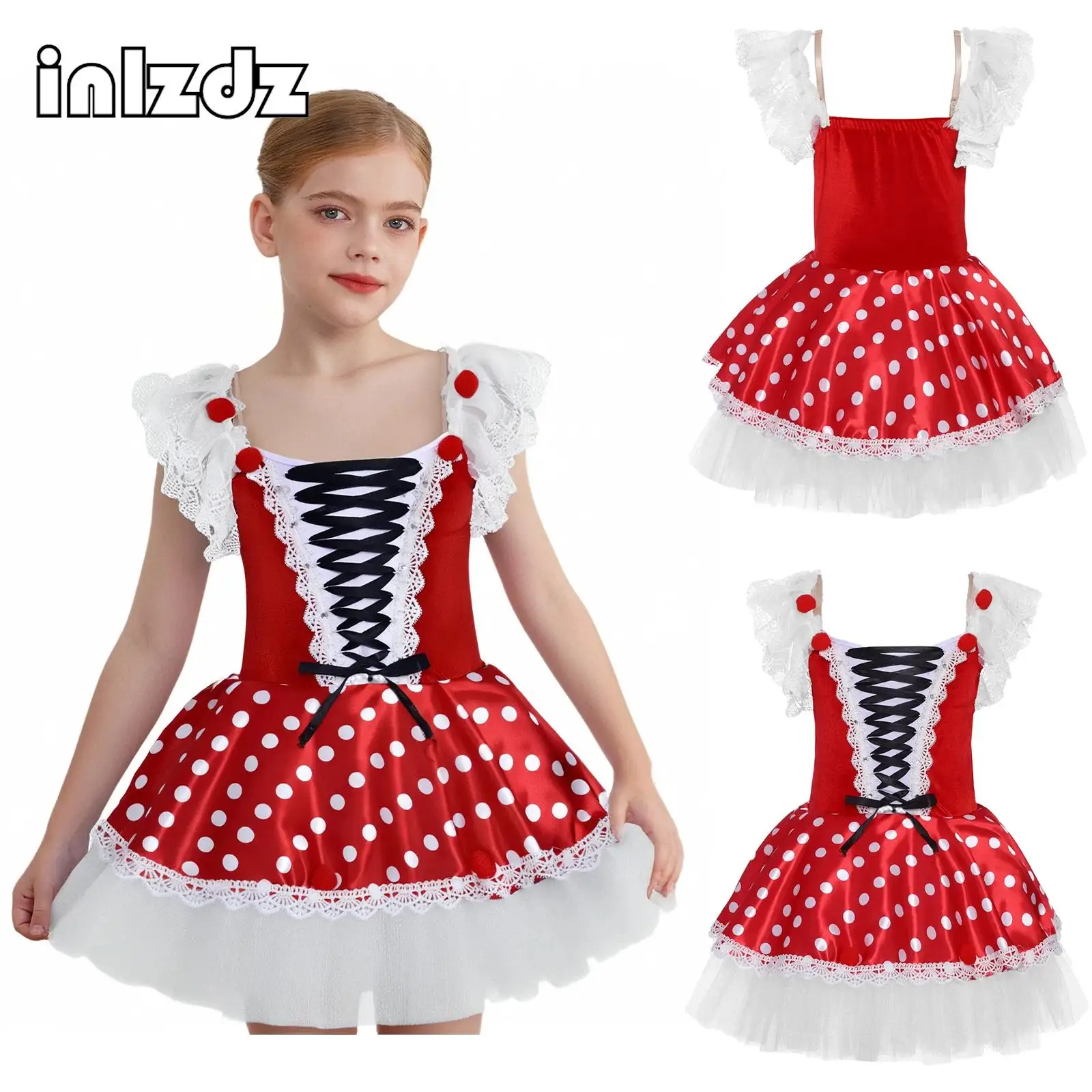 

Girls Ballet Dance Tutu Dress Dance Party Performance Costume Ruffled Sleeves Lace-up Velvet Bodice Dots Layered Leotard Dress
