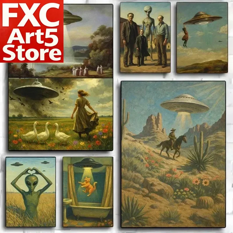 1PC Frameless UFO Victorian Landscape Art Print Alien Invasion Vintage Sci-Fi Poster Retro Futuristic Surreal Wall Decor Living