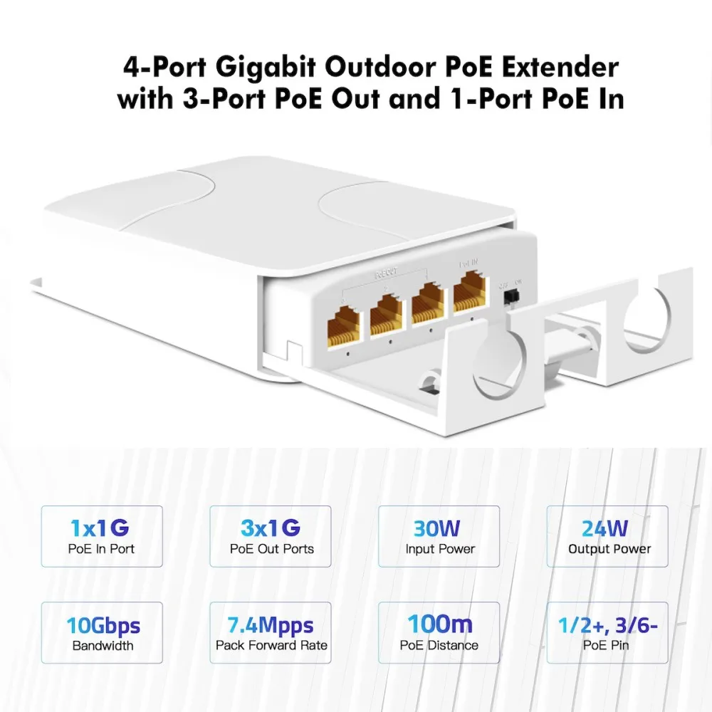 4 Port IP55 Waterproof PoE Repeater 100Mbps 1 to 3 Network Switch outdoor PoE Extender for IP Camera