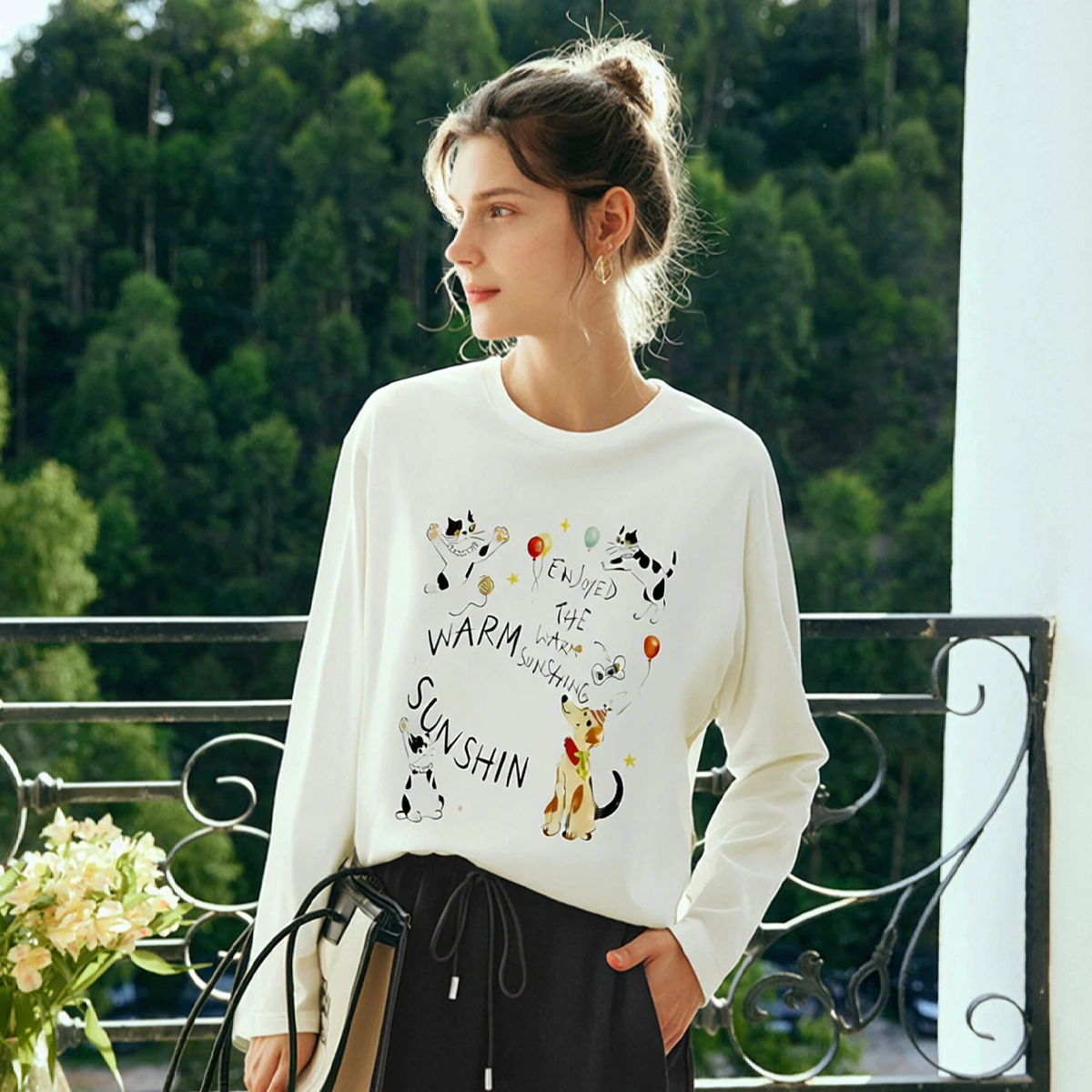 OLrain 2026 Autumn New White Casual Fun Animal Print Loose and Thin Round Neck Long Sleeve T-shirt Women O58QT003391