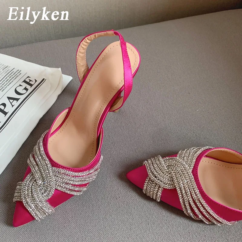 Eilyken Glitter Steentjes Zijde Vrouwen Pumps Kristallen Mode Satijn Lente Hoge Hakken Slingbacks Sandalen Feest Prom Schoenen