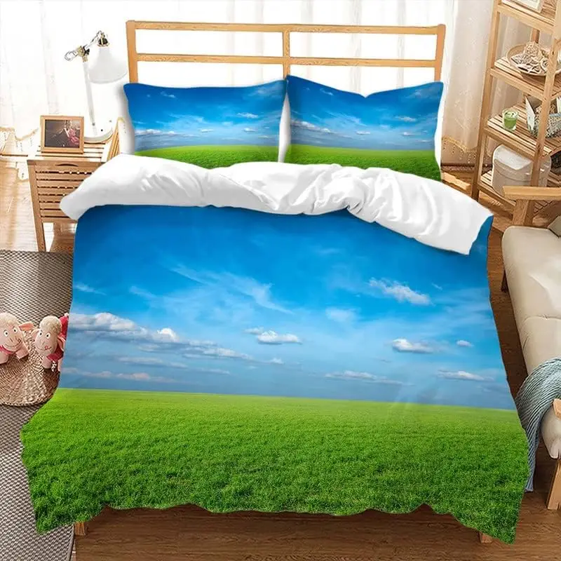 Meadow Duvet Cover Sky Clouds Spring Green Grass Bedding Set Twin Queen Size Natural Scenery Countryside Meadow Comforter Cover