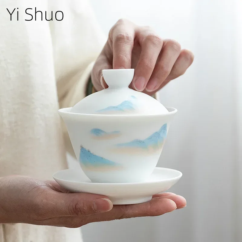 Ceramic Whiteware Cover Bowl Kung Fu Tea Cup Tea Bowl Large Single Household Half-Handmade Tea Making Device Gaiwan