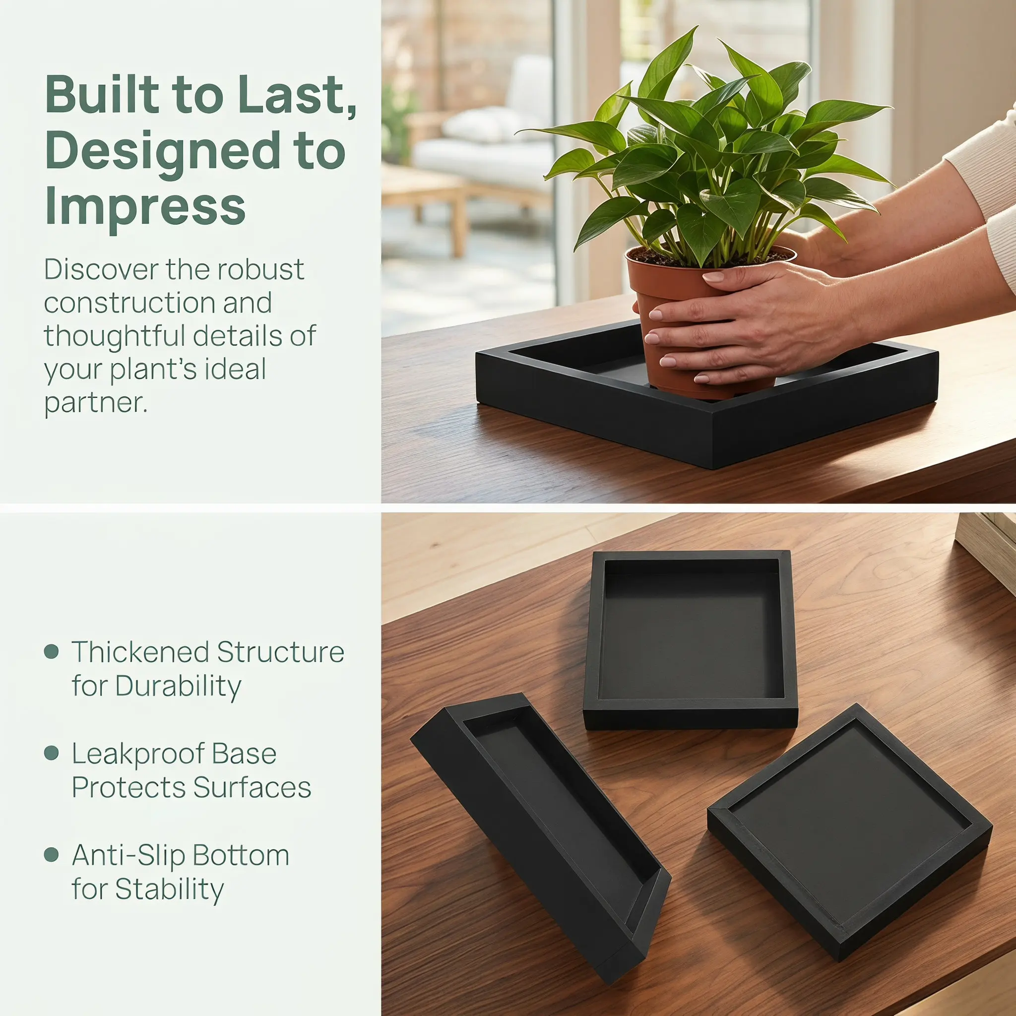 Thicken Plastic Square Tray 20x20cm Black Durable Anti-Slip Leakproof Potted Support for Home Indoor Balcony Garden