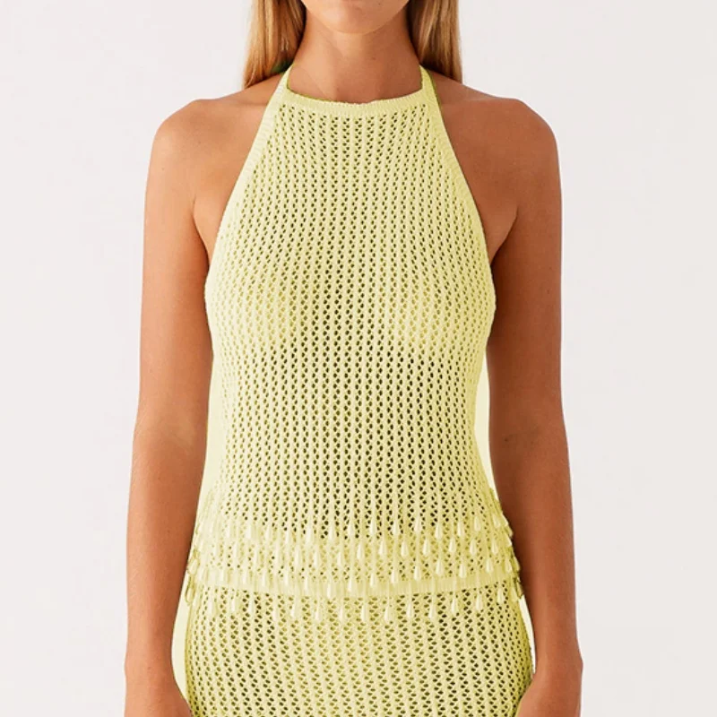 Top corto lavorato a maglia all'uncinetto da donna Canotte con scollo all'americana patchwork di perle Canotte sexy Y2K senza schienale scava fuori Cover Up Beachwear per le vacanze