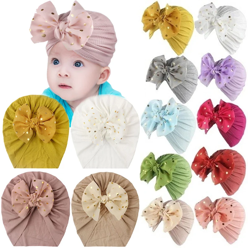 Kids Cute Gold Foil Bow Pull-over Hats Newborn Thin Solid Color Thread Boneless Tire Cap Elastic Breathable Windproof Indian Cap