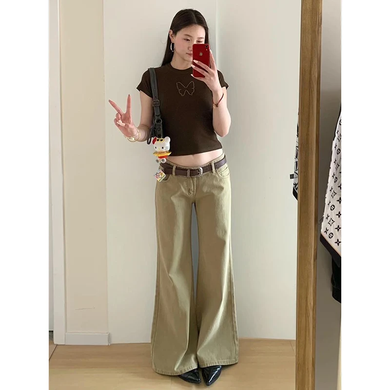 Jean café Hip-hop pour femmes, Streetwear Vintage Y2K, jambes larges, droit, taille haute, pantalon classique Baggy en Denim