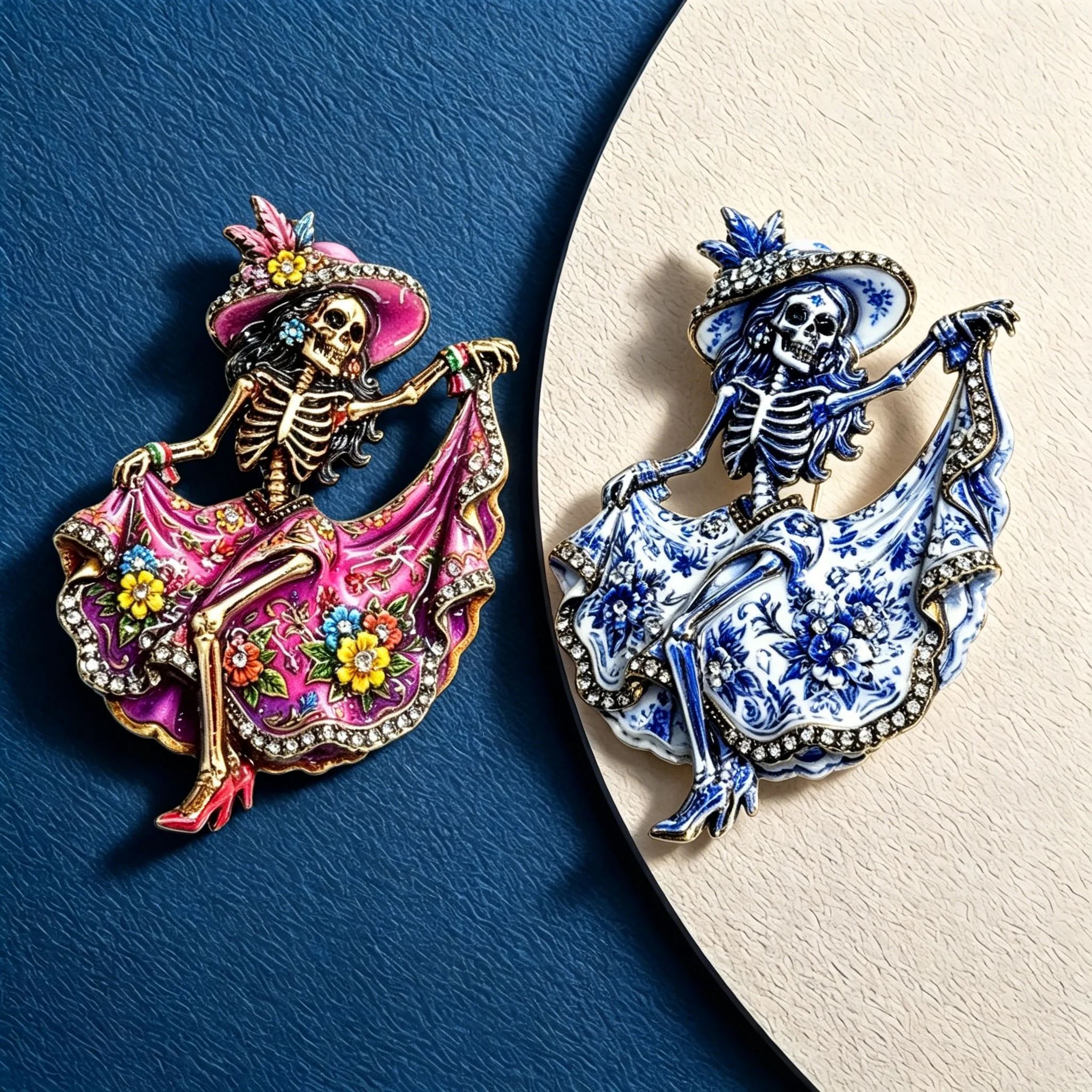 Essh&Pule Dancing Skeleton Lady Enamel Brooch Crystal Rhinestone Halloween Lapel Pin Gothic Suit Scarf Decor Unisex Jewelry Gift