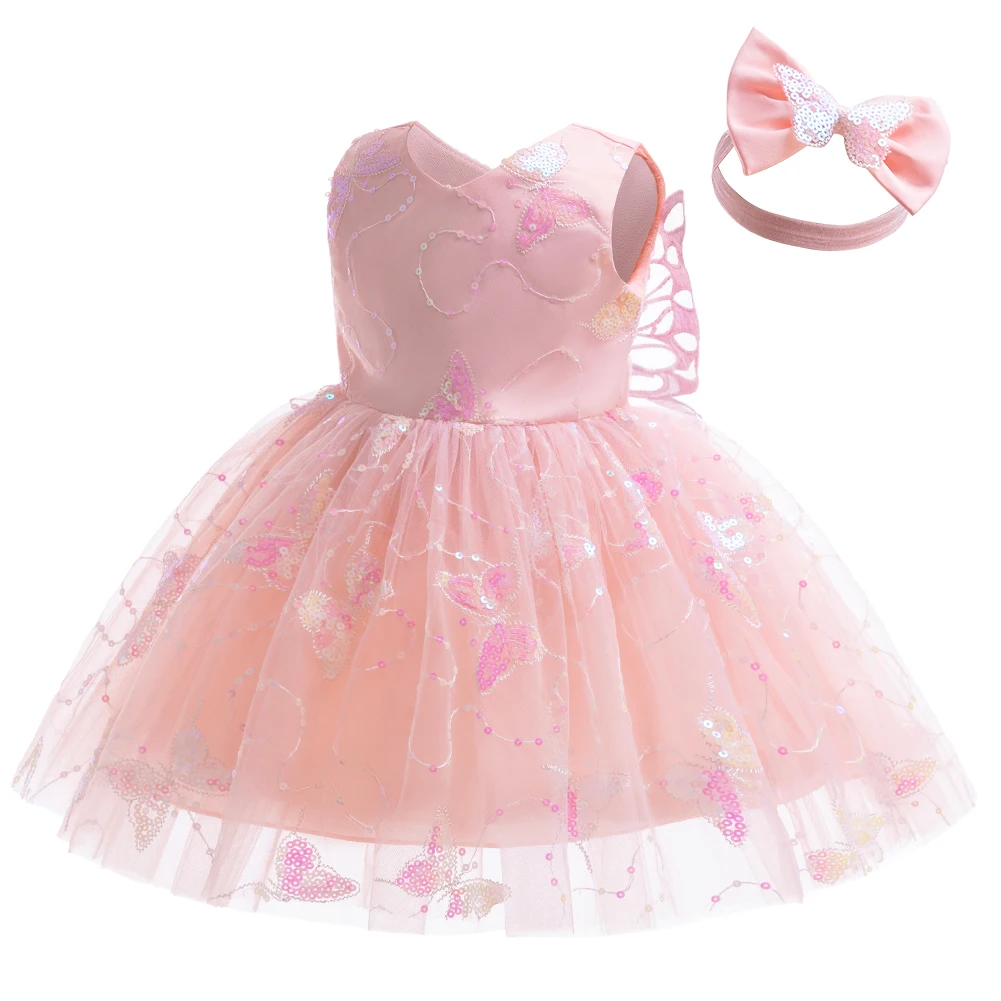 LZH Beading Princess Dress Fashion Kids Girls Sequined Butterfly Wing Dress+Headband 2PCS Newborn Baby Birthday Gown 0-5 Years