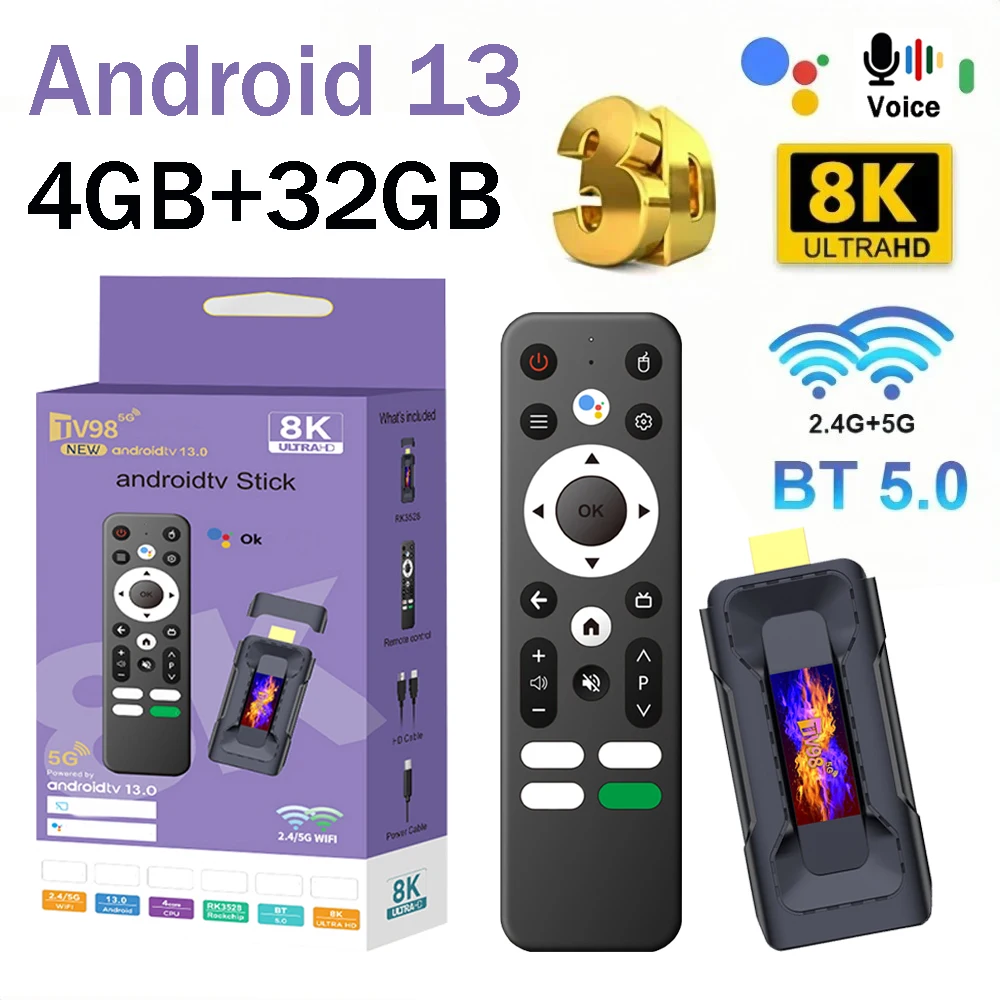 

TV98 RK3528 TV Stick Android 13 RK3528 BT5.0 Voice remote 8K Video 4K WiFi 4G5G Streaming Smart TV Box Network Media Player iptv