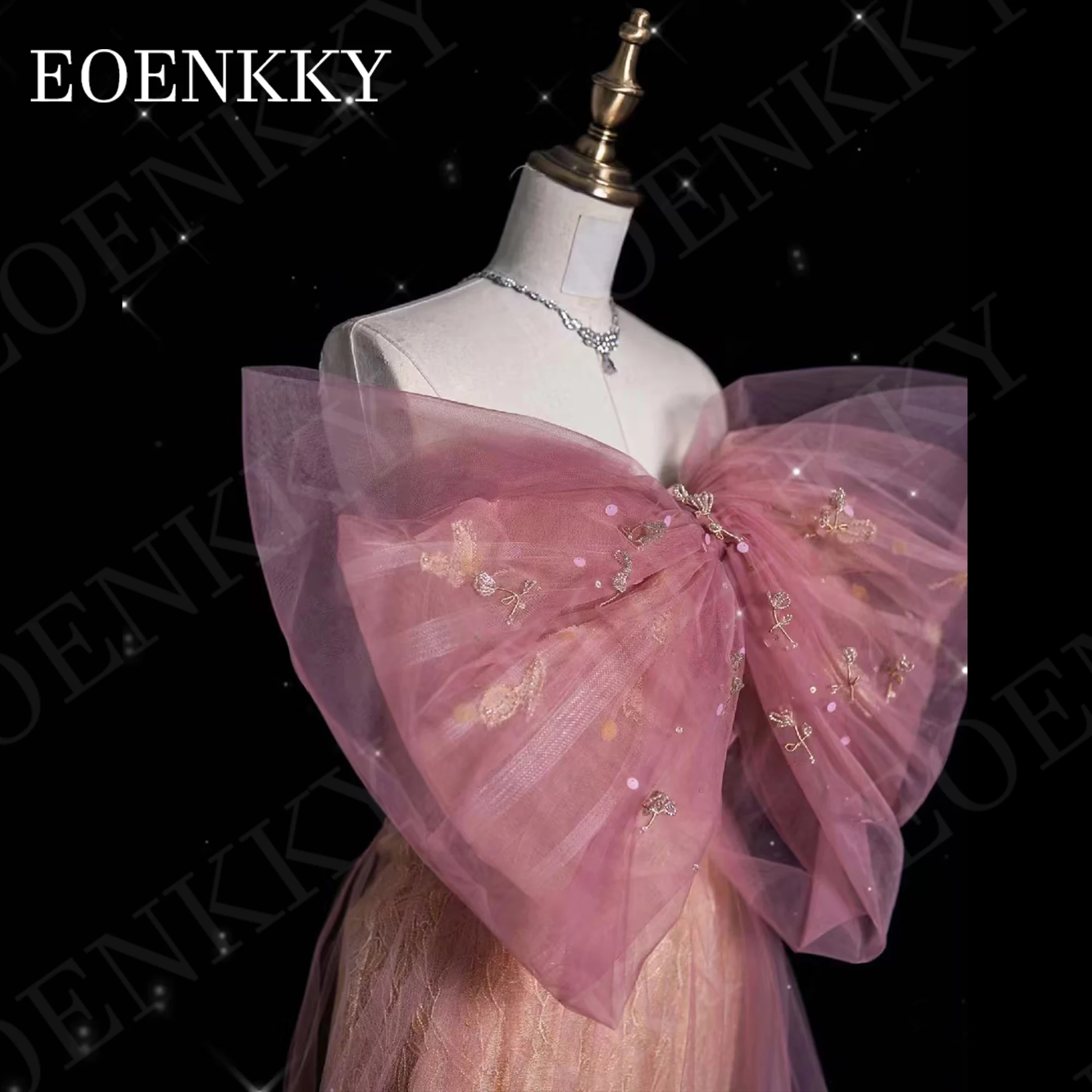 EOENKKY abito da ballo monospalla elegante fiocco rosa pizzo Tulle abiti da festa formali donna una linea che borda Una spalla Abito da ballo Elegante Rosa Bow Pizzo Tulle Abiti da festa formali Donna A Line Perline