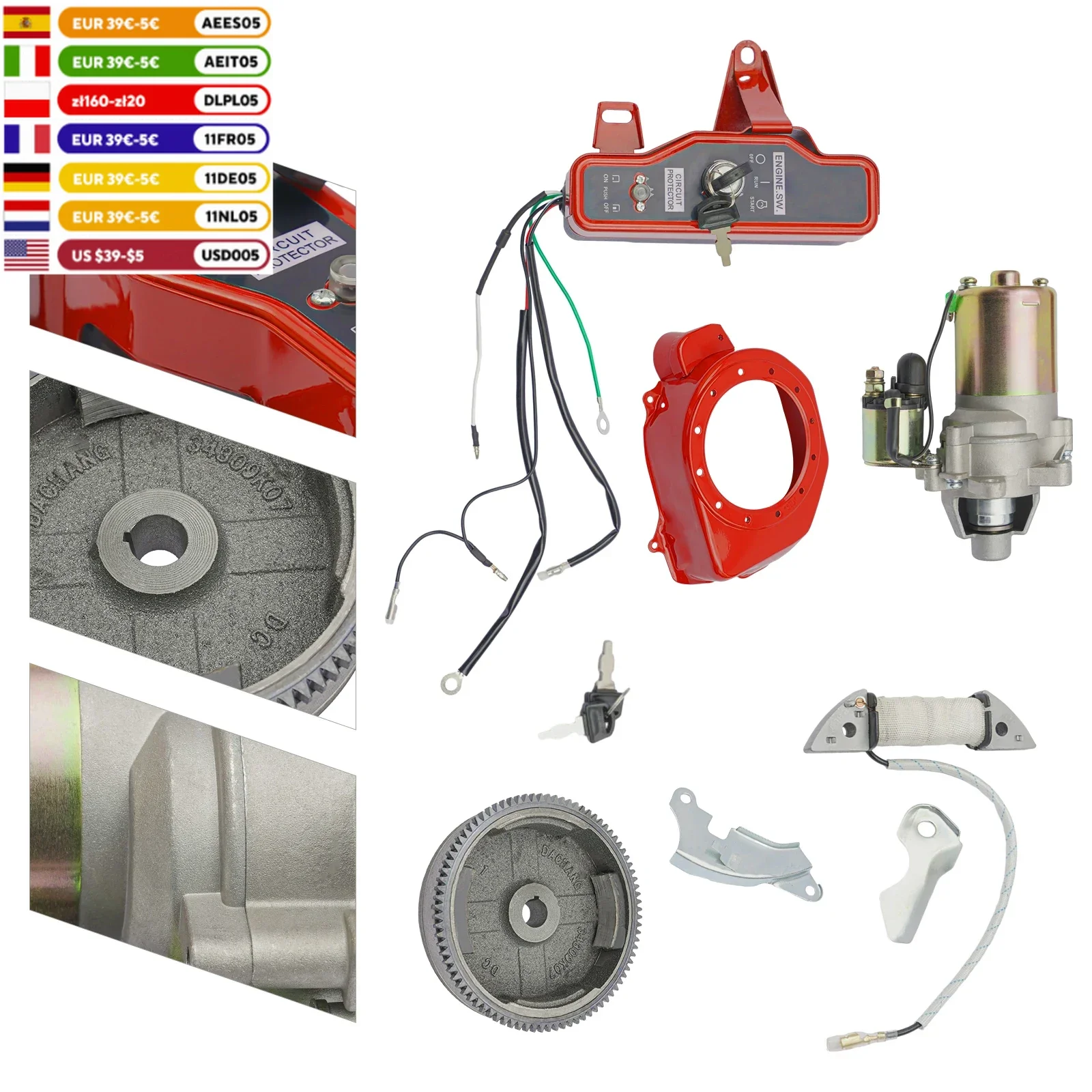 Electric Start Kit for Honda GX160 GX200 5.5HP 6.5HP Engines - Starter Motor, Flywheel, Charging Coil, Ignition, Key Switch Box