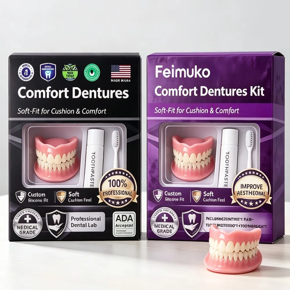 Soft Silicone Denture Set Temporary Comfort Decor False Teeth For Natural Smile with Cleaning Toothbrush Toothpaste Seniors Use