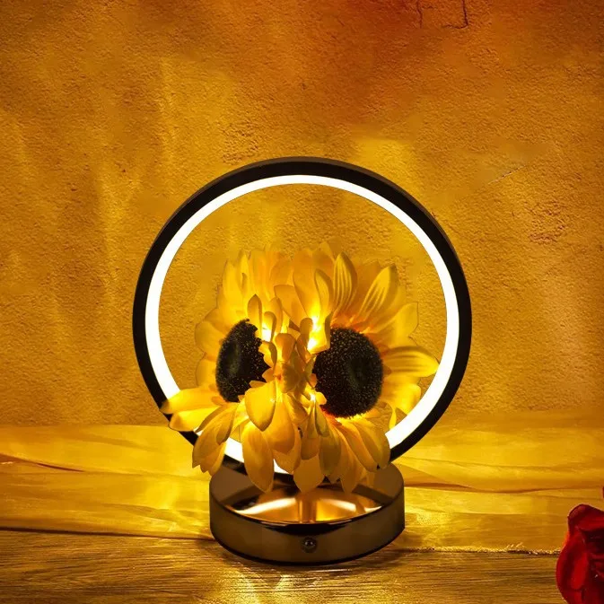 Schöne wiederaufladbare Nachtlichter, simulierte Sonnenblumen-Blumenlampe, runde Schreibtischlampe, Dekoration, Ornament