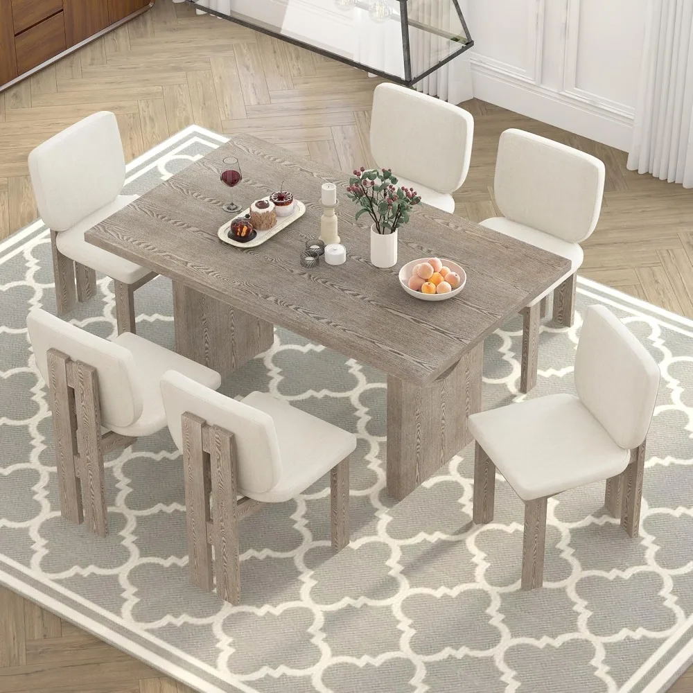 

7-Piece Rectangle Dining Table Set for 6 Retro Kitchen Table Set with 6 Chairs, Solid Wood Dining Table and 6 Chairs with Design
