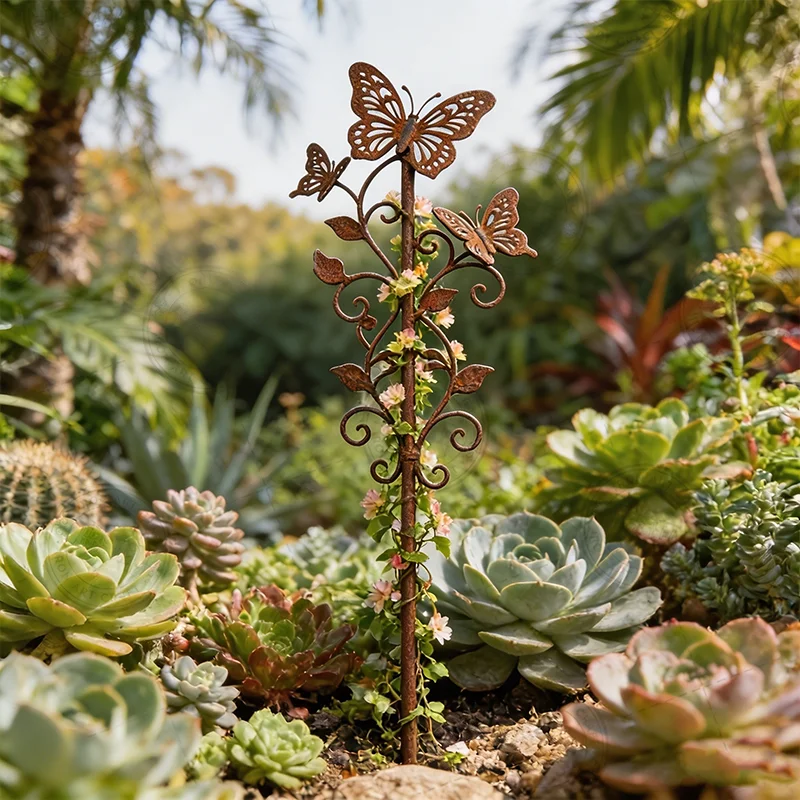 Rust Metal Butterfly Garden Stake Trellis Iron Plant Climbing Support Outdoor Lawn Yard Flower Pot Decor Ornament