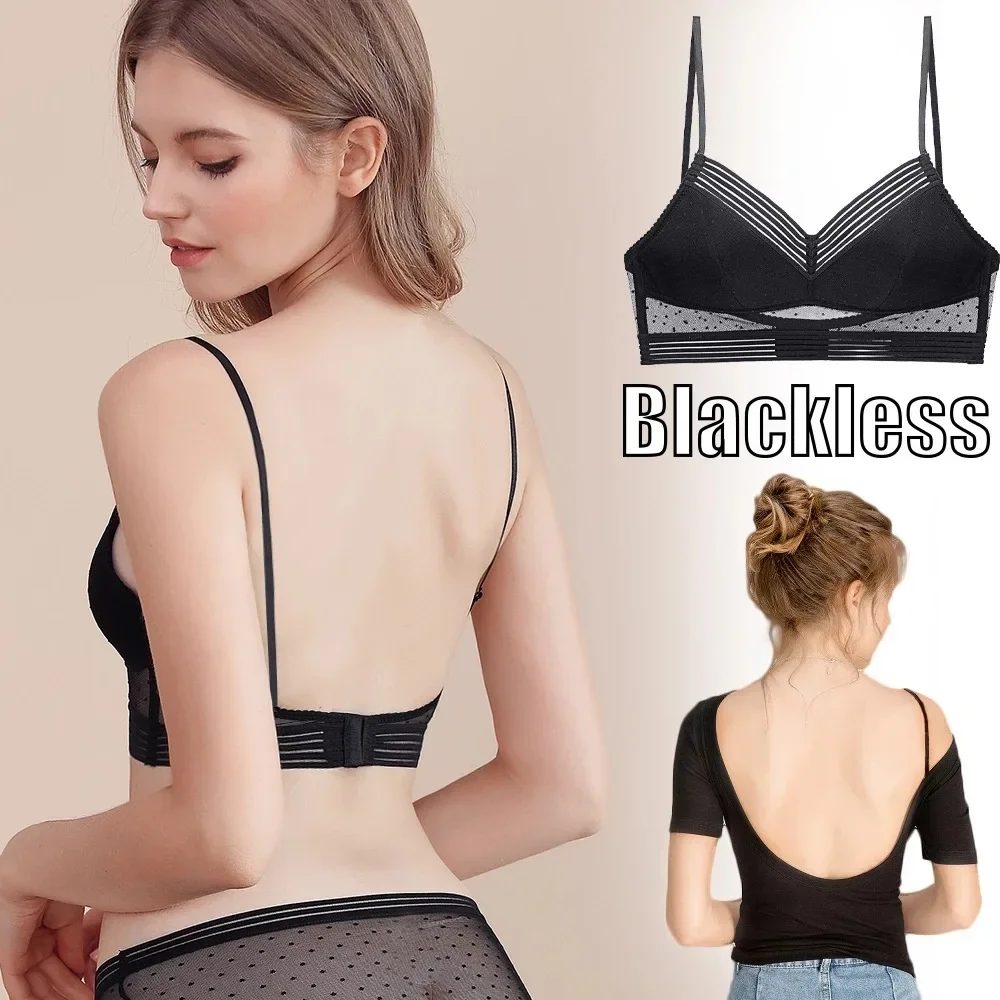 Sexy Lace Backless Strapless Bra Plus Size Women Bralette Wire Free Underwear Thin Triangle Cup Gathered Lingerie Tank Top Bras