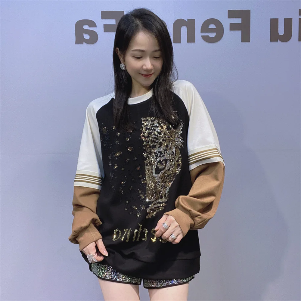 Heavy Industry Hot Diamond Sweatshirt Women Autumn New Pullover Loose Versatile Crew Neck Space Cotton Splicing Color Sweatshirt