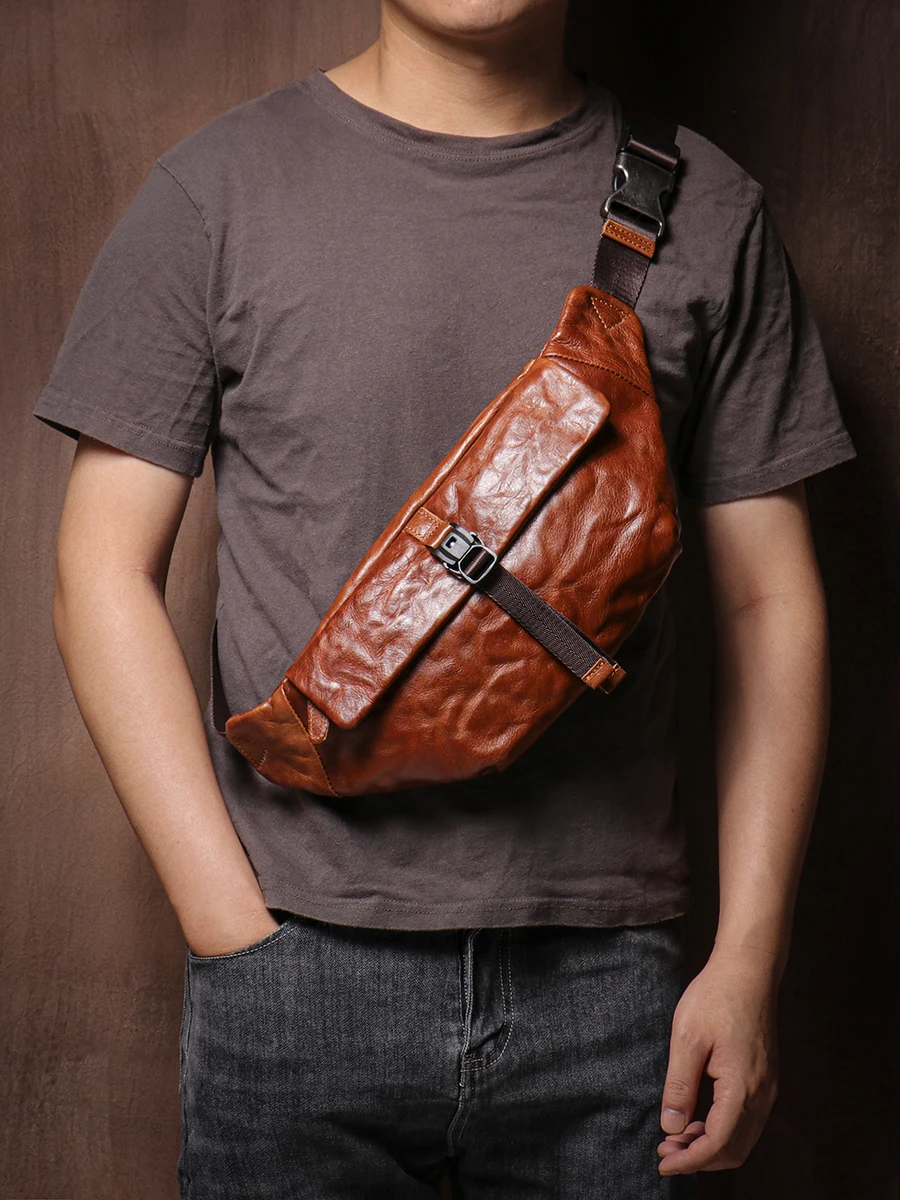 

Summer Vintage Leather Chest Bag Men's Messenger Multi-Functional Outdoor Casual Small Backpack Top Layer Cowhide Phone Belt